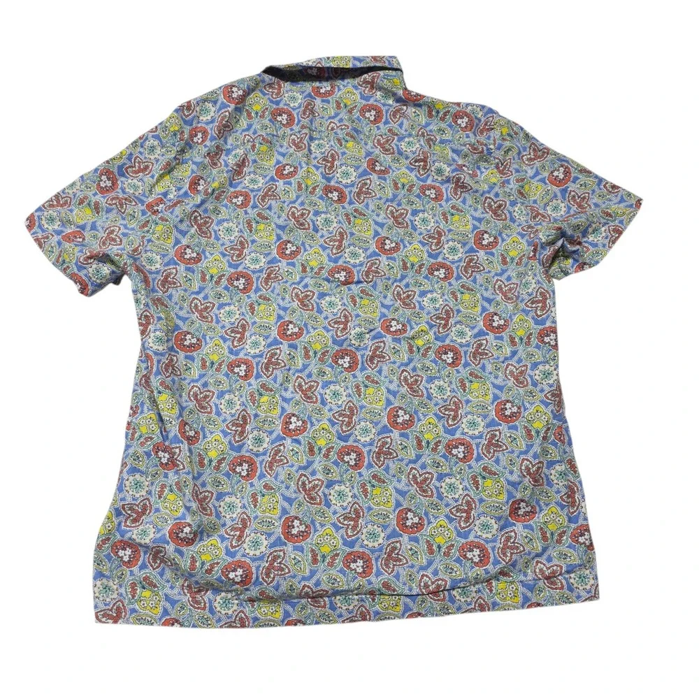J. Crew Mens Large Short Sleeve Cotton Paisley‎ Floral Button Down Shirt Blue